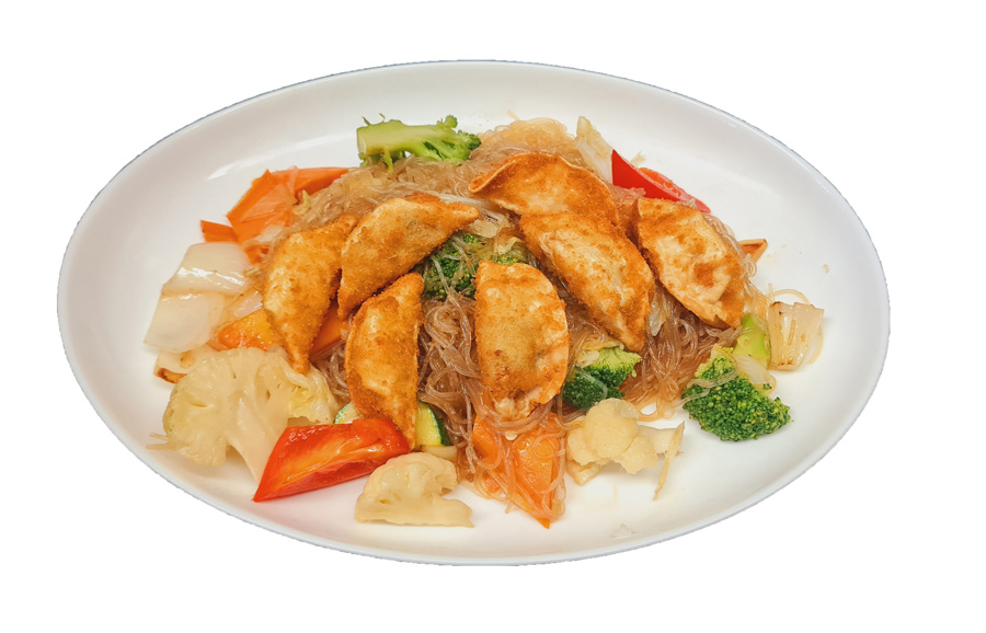 Speziale Nudeln mit knusprigen Vegie Gyoza Maultaschen & Gemüse